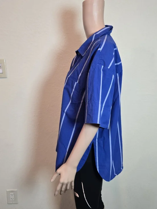 MADEWELL Blue Striped Boxy Cotton Button Up Collared Neckline Shirt Size Xl - Picture 15 of 16